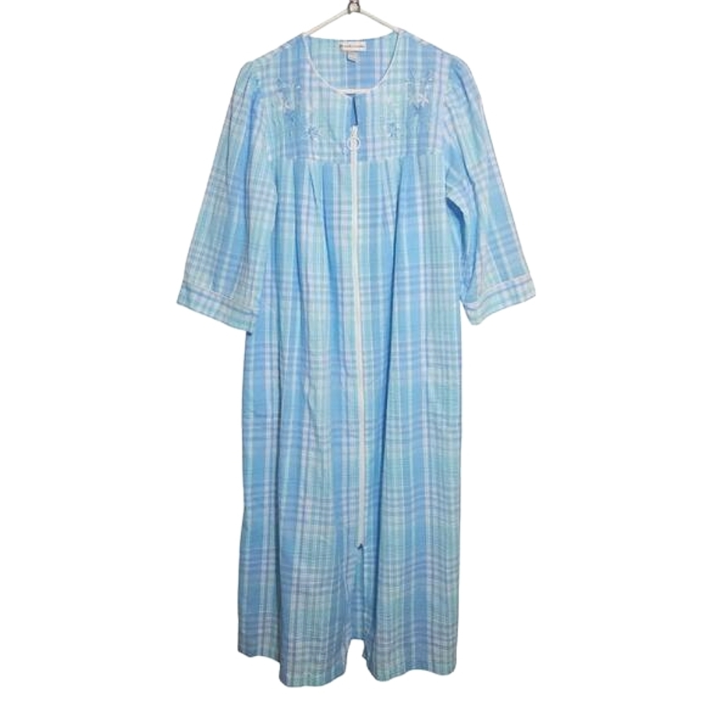 Miss Elaine Seersucker Long Robe Blue‎ Plaid Floral Medium Loungewear Nightgown